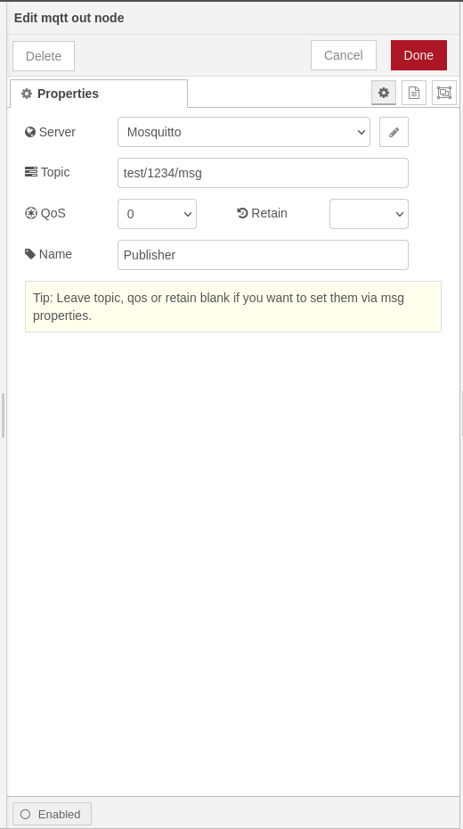 mqtt out node properties